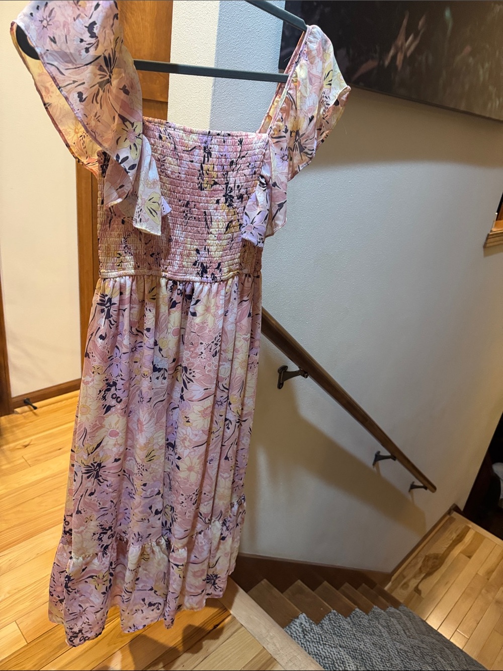 Girls Pink Floral Ruffle Shoulder Dress